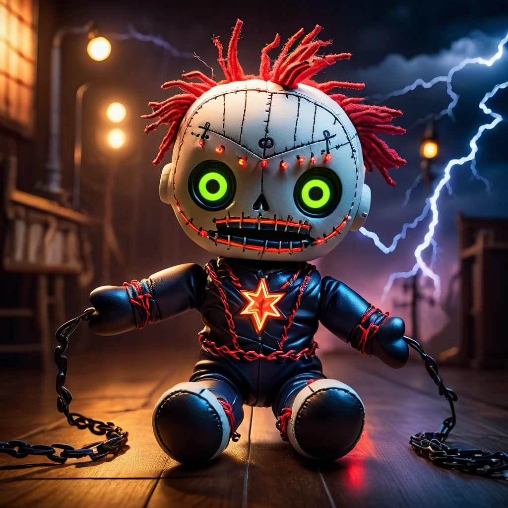 (knitted toy voodoo doll:1.7), (Voodoo Electric Phantom:1.3), (Clothing: transparent suit with electric currents running through it, sparking gloves:1.0), (Accessories: lightning rod staff, electric chain, mask with flickering lights:1.2), (background: stormy night with lightning strikes and dark clouds, glowing electric towers:1.2), best quality, masterpiece, detailed soft oil painting, detailed background, dramatic cinematic lighting, soft edge lighting, professional, dramatic lighting, hard edge lighting, ultra quality, 4k,masterpiece, best quality, 8k, ultra highres, highres, extremely detailed