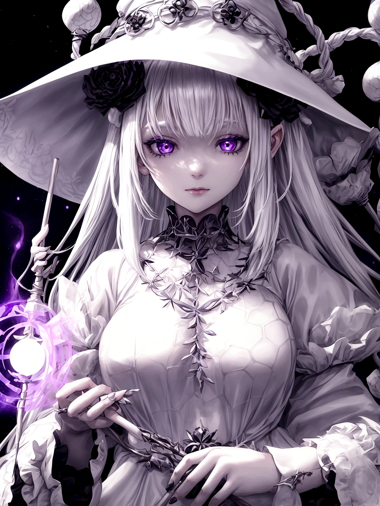 A girl with white hair and black eyes, wearing a white dress with a light purple spider pattern, wearing a silver witch hat, holding a light staff.