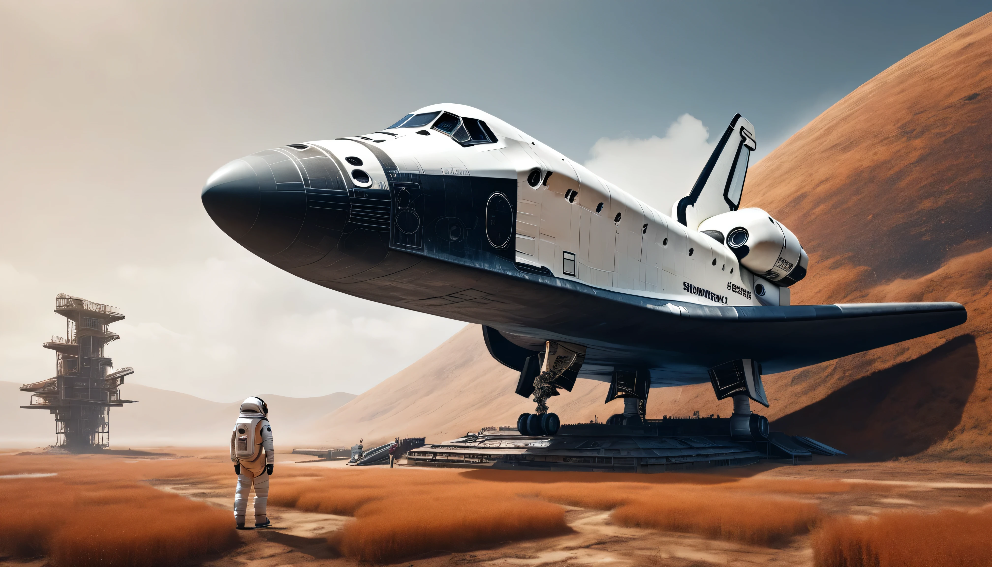 Space Shuttle in a Rusty Field, Landscape Village, Standing person々, Realistic, Simon Starenhug Style