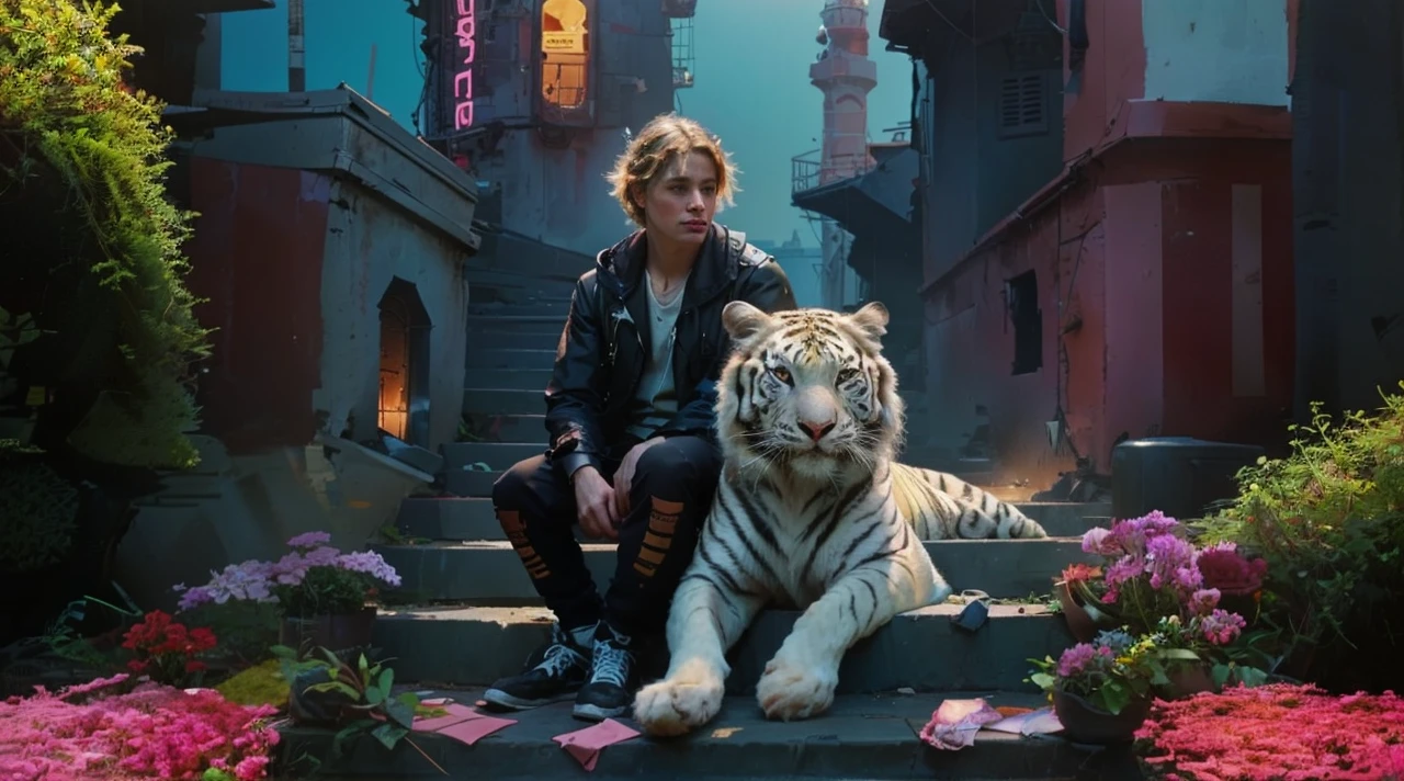 oil on canvas, a young handsome man with resemblance to Mckenna Grace , cyberpunk outfit, sitting with a white tiger, on the stone steps of an old Cyberpunk lighthouse, looking to the camera, afternoon landscape with neon tones, flowers adorn his head, natural lighting, style of william-adolphe bouguereau