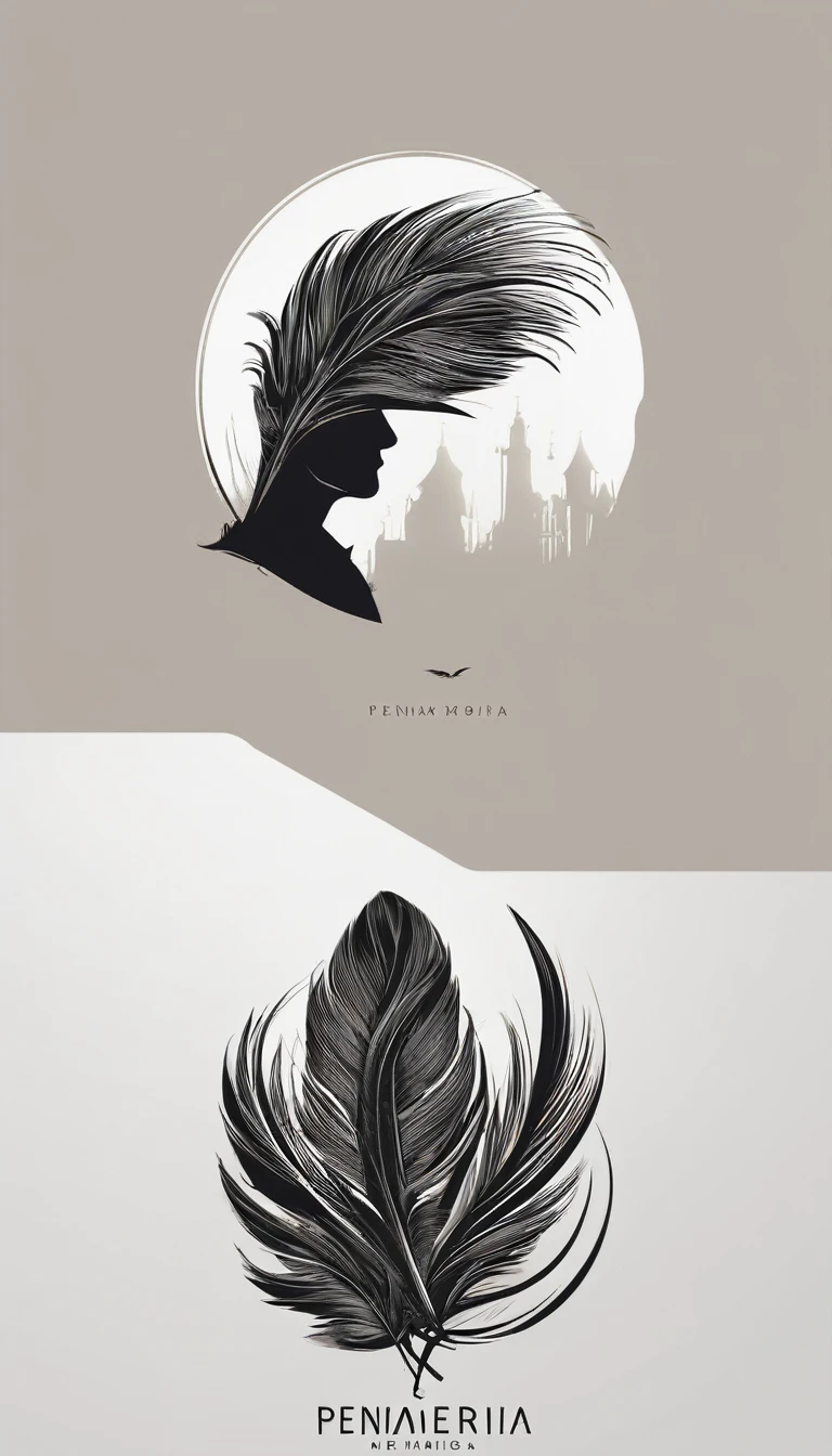 A minimal, modern, simple, cinematic logo design e of a boy with a head full of feathers for the brand “Penamemoria" .
