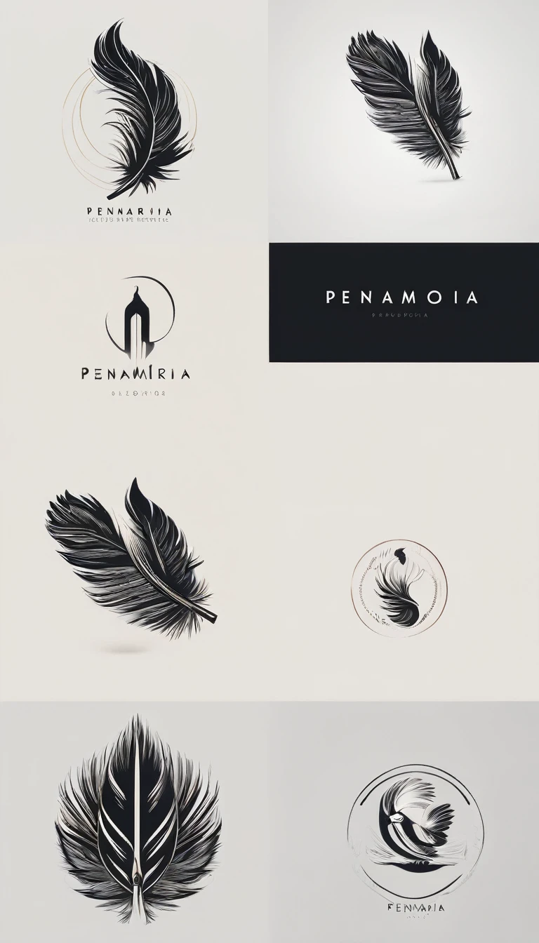A minimal, modern, simple, cinematic logo design e of a boy with a head full of feathers for the brand “Penamemoria" .