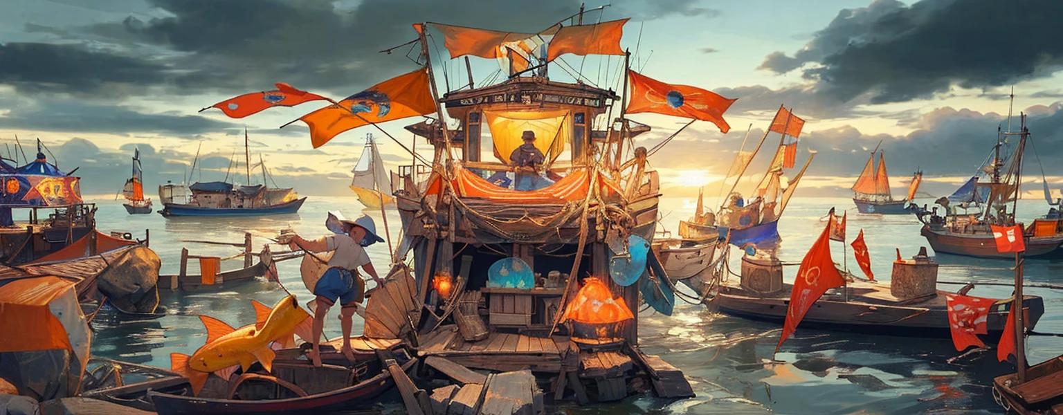 fishermen standing on fishing boats, festivals, flags,Blue Coast, beach, by Bill_Brauer, best quality, masterpiece, very aesthetic, perfect composition, intricate details, ultra-detailed