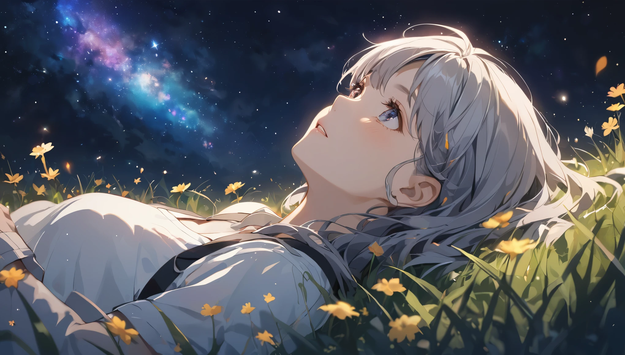 A girl is lying on the grass, Gray Hair,Look up at the starry sky. Colorful nebulae