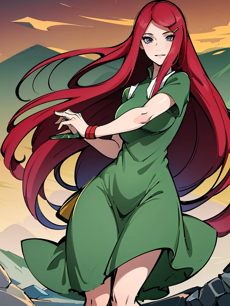 uzumaki_kushina, large_breasts, standing, solo, kushina_green_dress, masterpiece, best quality, detailed face, detailed eyes, highres, smile, (masterpiece:1.4, best quality:1.2), (Highres), (Detailed Illustration), Ultra-Detailed, konohagakure, uzumaki_kushina, kushina_green_dress, standing straight, looking in front,