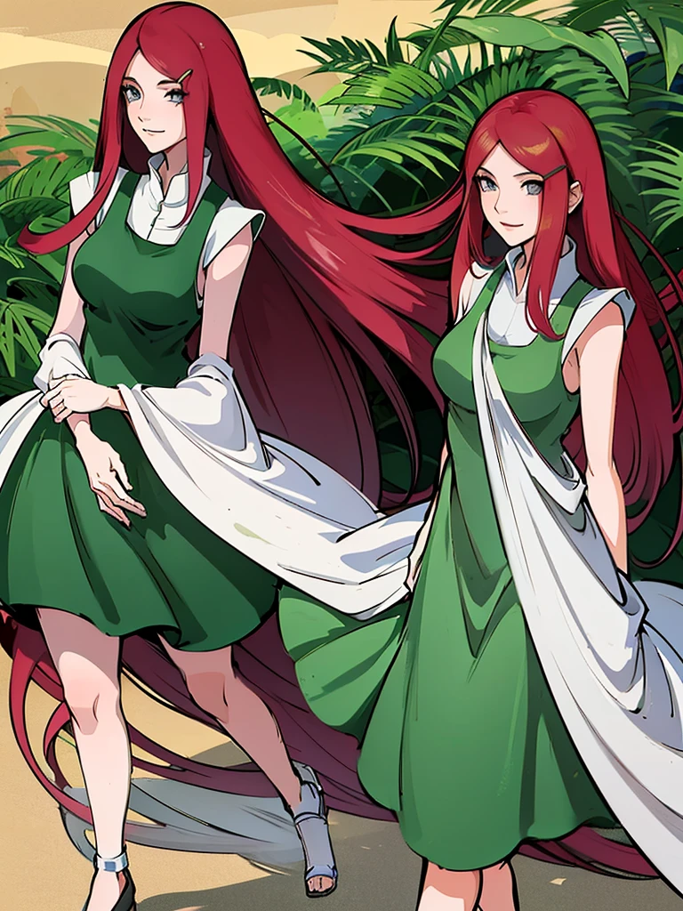 uzumaki_kushina, large_, standing, solo, kushina_green_dress, masterpiece, best quality, detailed face, detailed eyes, highres, smile, (masterpiece:1.4, best quality:1.2), (Highres), (Detailed Illustration), Ultra-Detailed, konohagakure, uzumaki_kushina, kushina_green_dress, standing straight, looking in front,