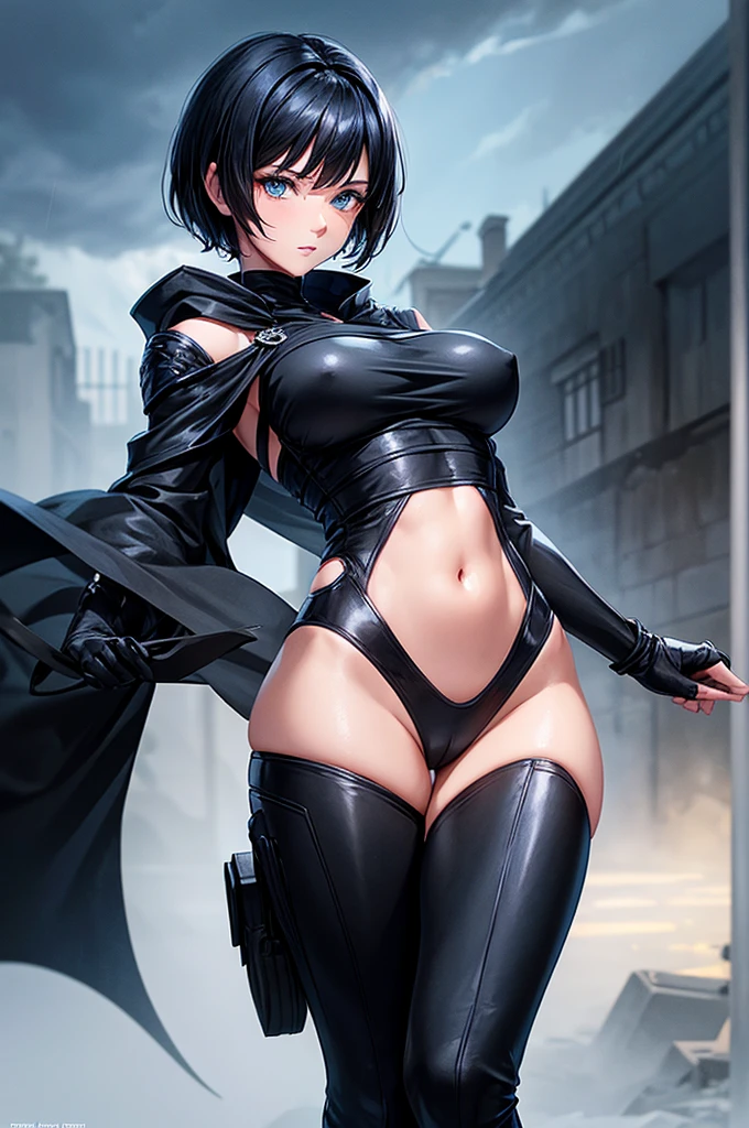 Creating an illustration of a woman in her thirties, short black hair with a back side bang, blue sky eyes, fair skin. obscured expression - she's wearing a sexy black ninja outfit, make full body, make boobs more little - she's walking in a night town - include storm rain - digital art style