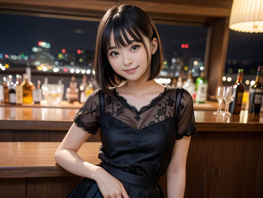 (Highest quality, masterpiece, Ultra-high resolution, 8K, RAW Photos, Realistic, Anatomically correct:1.5), (Stainless steel round bar fence:1.0, Put your elbow on the fence:1.2, high school girl、20-year-old girl:1.2, Embarrassing, avert your eyes, blush:1.0, View Viewer, ((bar)) 、Night view、 Light:1.2, Bokeh, Cinema Lighting:1.0, Depth of written boundary, sharp、 Cute face、Idol、Black short sleeve lace top、Black pleated skirt、Black clothing、”dwarf”、(Floral clothes)、Full Body Shot、Cowboy Shot、(( smile))、(Ultra short hair、Straight Hair)、(Straight bangs)、