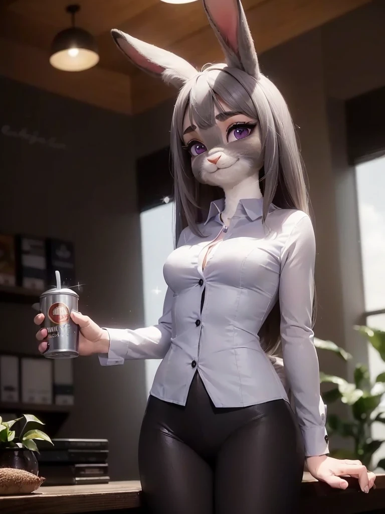 best quality,
masterpiece,
hyper Realistic,
ultra-detailed,
beautiful detailed,
4K,8K,High level,
PIXAR,
Photo real,
medium shot,
Looking at the audience upside,
(((background in office))),
Realistic lighting,
((anthropomorphic rabbit)),
detailed animals,
Complex patterns,
(furry:1.35),
(Whole skin is gray:1.35),
(body is fluffy and bushy:1.35),
Realistic fur,
((human hands)),
(Face is JudyHopps:1.35),
((medium straight hair)),
dark brown heir,
((sidepart bangs)), bangs,
purple eyes,
{highlight on eyes, crisp eyes, sparkle in the eyes, round big pupils},
detailed iris,
(rised eyebrows:1.2),
(Crescent Brows:1.3),
(rabbit ears:1.1),
Smile,
Big Smile,
Innocent smile,
raised corners of mouth,
office lady is wearing suit,
((White silk blouse)) BREAK ((Gray blazer)) BREAK ((Black pants)),
((blouse, シャツ, ワイシャツ)), (((Hold a can coffee))), (((right hand take coffee)))
clothes made of wool,
(solo:1.5),
(1 lady:1.5),
one character only
alone,
Perfect Anatomy,
lighting forward,
lighting front,
ambient light,
natural light,
daylight white,
intricate details,
ray tracing,
photorealistic,