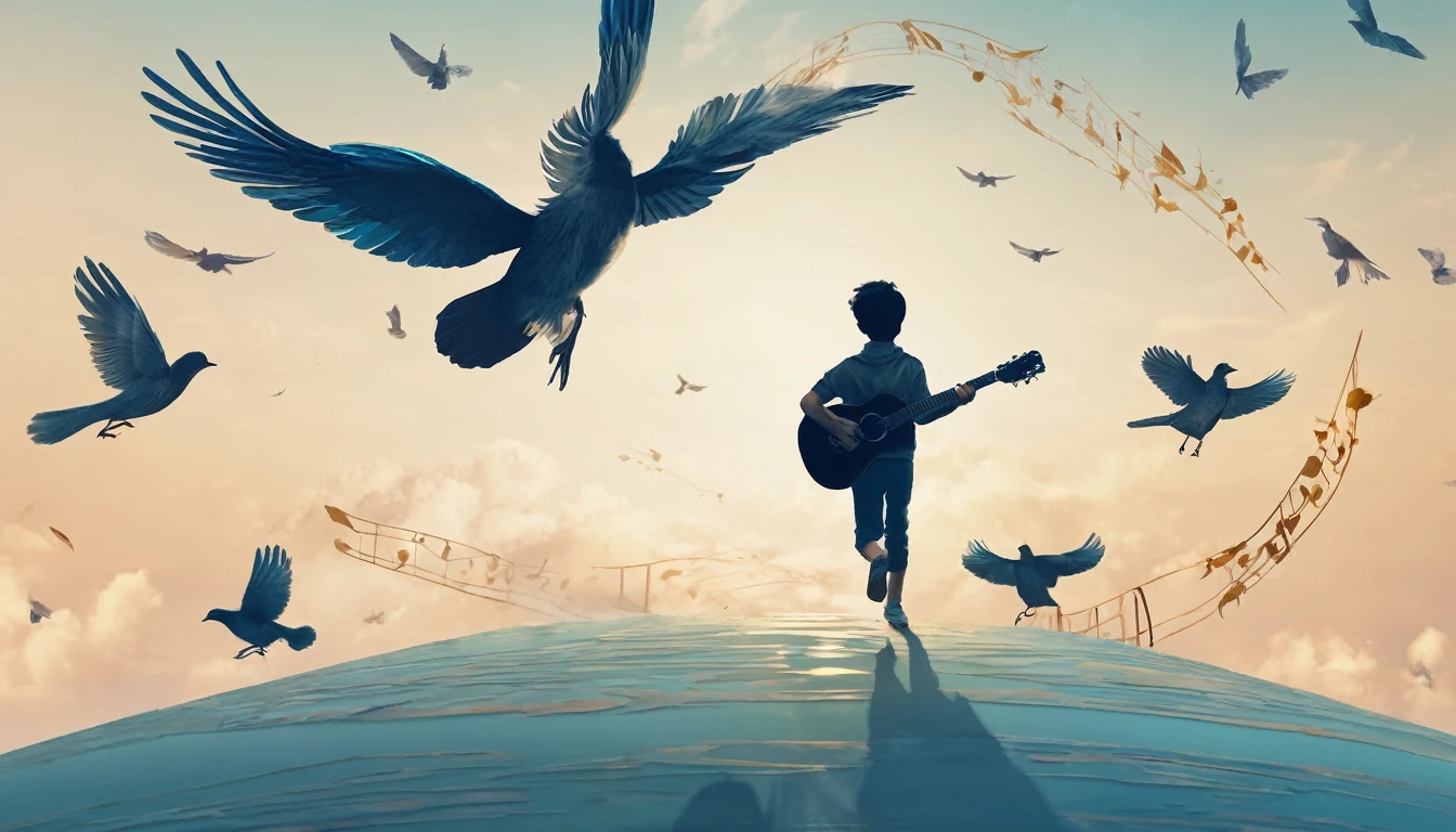 Create a professional, fantastic, cinematic Youtube Banner for a brand about music and stories called " Penamemoria". Masterpiece, 4k, sharp focus, highest quality,wide shot. The title is " Penamemoria". Is a brand about the creative, unique journey of a boy into becoming a musician storyteller. In his journey he finds inspiration in a world of birds and feathers. Minimalistic, simple, poetic, dreamy logotype at the center of the image. The Background image is a world full of fantastic feathers, unique birds, light blue sky, and a boy running happily into the horizon with an acoustic guitar in his right hand. Boy running against the wind, almost simulating like he is flying