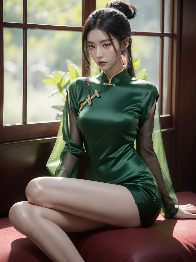 korean model , slim body , 167cm ,Movie Angle,long black ponytails hairstyle, (Cute girl,anatomy correct,masterpiece green silk chinese qipao,( art,geomerty),(plethora of colorest quality,high detal,tmasterpiece,Cinematic lighting effects,4K,Chiaroscuro , Chinese Mansion)