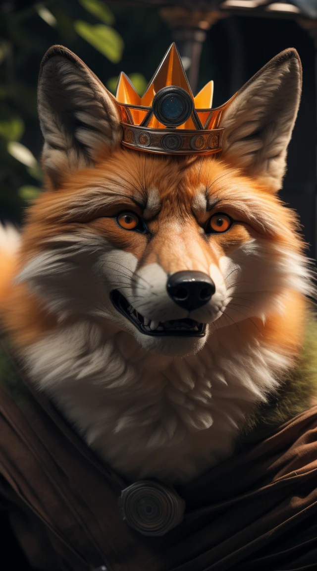 (better quality,16K,32k,highres,master piece:1.2),ultra detali,(realistic,fotorrealistic,photo-realistic:1.37),(an orange and white fox) looking at the viewer serious expression with beautiful face a realistic background bright orange eye A pose of cunning villain with Crown Bright expression of serious brave and confident and cunning