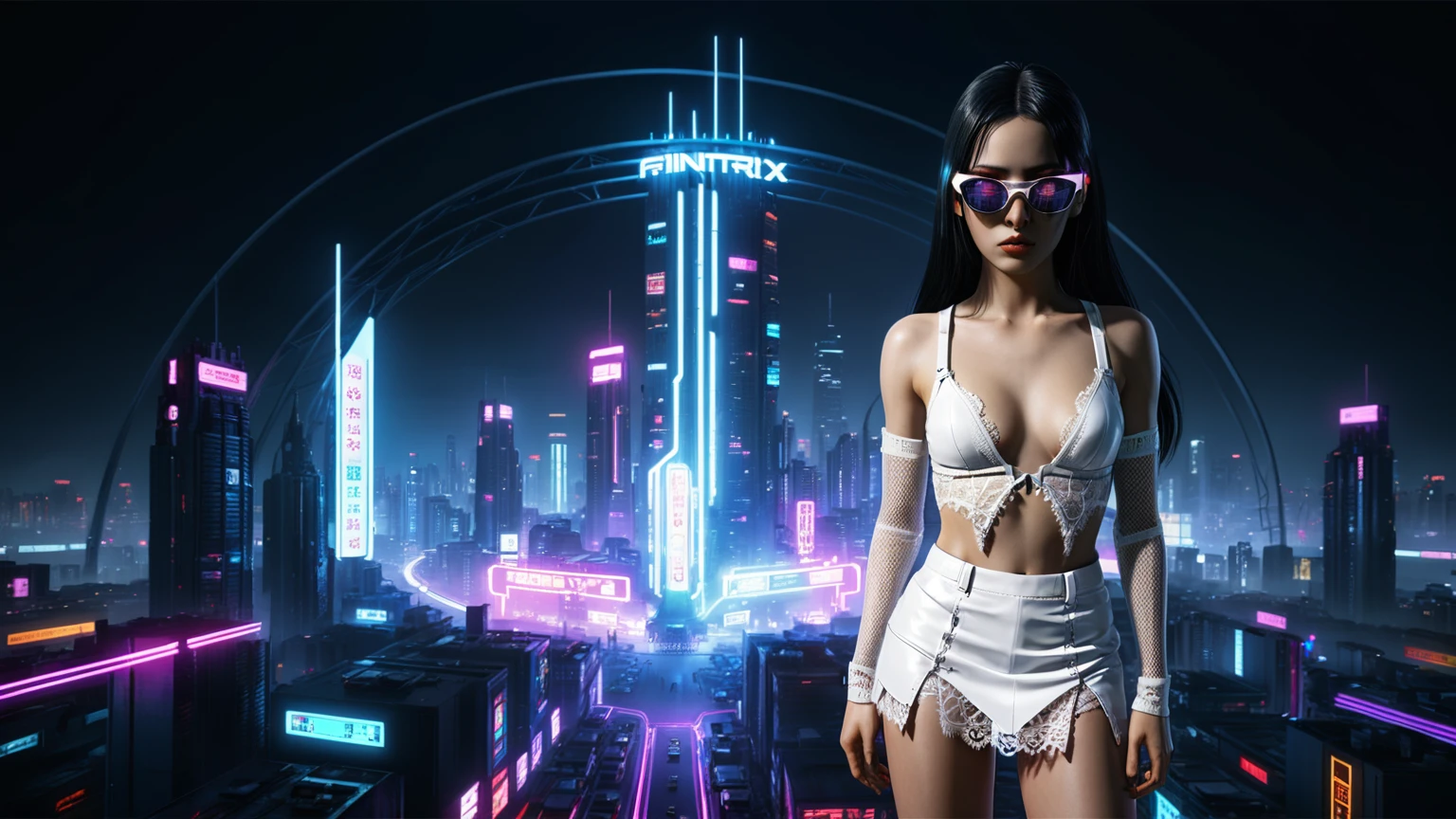 (((1woman, solo))), rainbow light, 3d neon art of a woman's body, cyberpunk femme fatale, seductive cyberpunk dark fantasy, cyberpunk 20 y. o large-breast:1.4 model girl, (((with black miniskirt and white lace panty, with matrix style black micro sunglasses, long hair))), oppai cyberpunk, banner, high definition cgsociety, cgsociety masterpiece, trending on cgstation, kda, (((((aerial view))))) image of neon-noir cyberpunk city in the background.