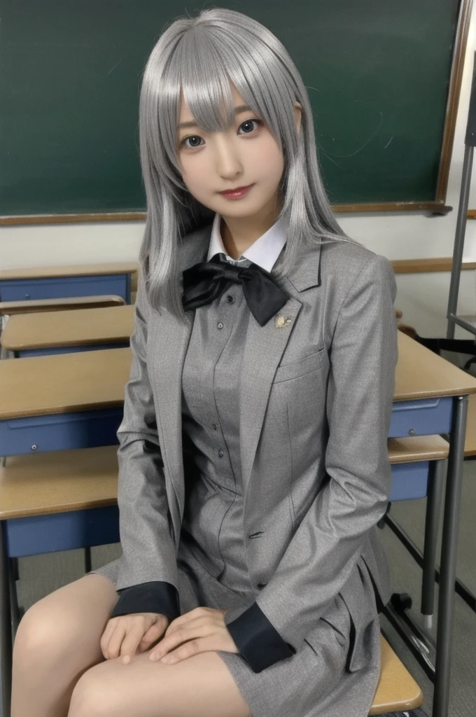 masterpiece, Highest quality,One girl,, Silver Hair, Sitting at a desk,classroom, blackboard,Cosplay,