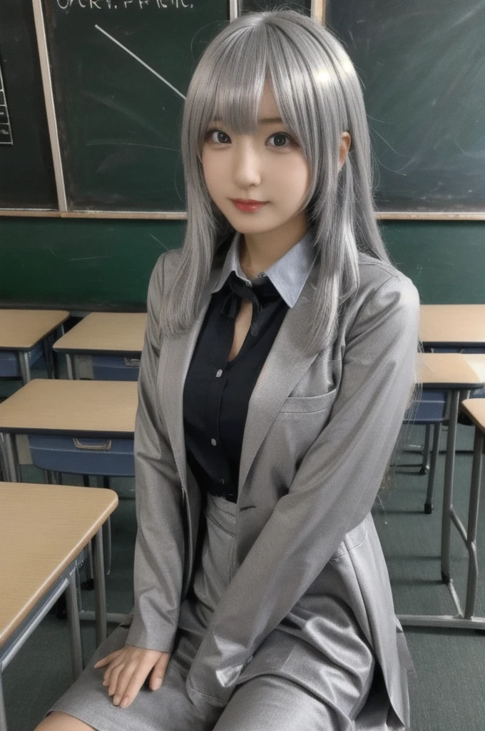 masterpiece, Highest quality,One girl,, Silver Hair, Sitting at a desk,classroom, blackboard,Cosplay,