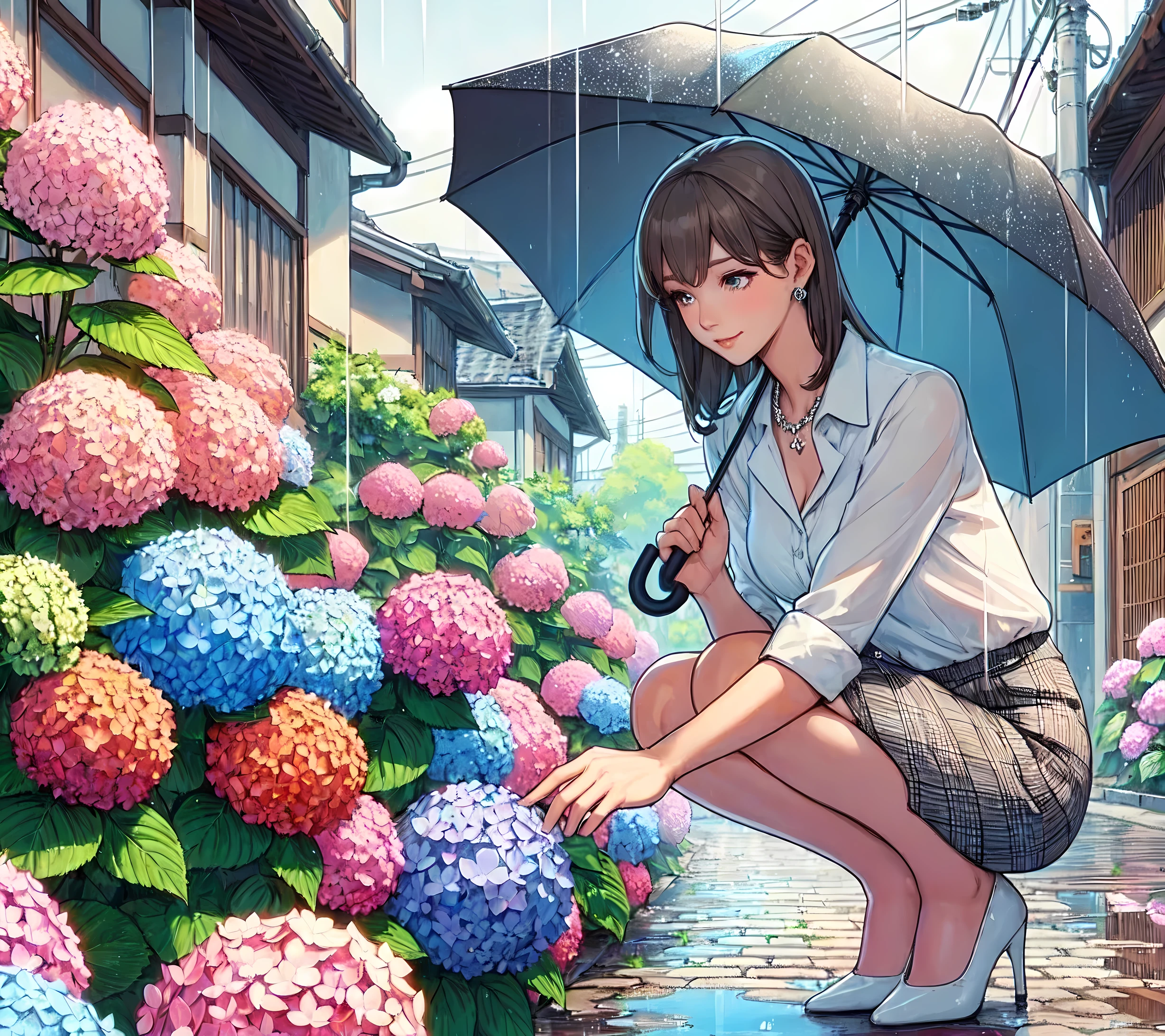1lady solo, from side, squatting, (gently touching hydrangea), stylish outfit (calm attire), (mature female:0.8), /(gray brown hair/) bangs, kind smile, (masterpiece best quality:1.2) delicate illustration ultra-detailed, medium breasts BREAK (holding umbrella) BREAK (quiet residential area) outdoors, street, (rainy:1.1), ((hydrangea) blooming along roadside), cobblestone, detailed background