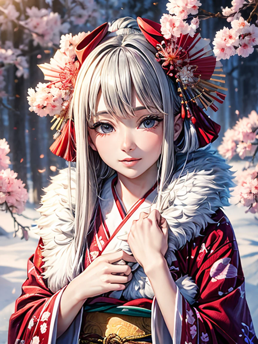 Very detailed CG unity 8k wallpaper., A cute girl, mature gray haired girl, Half update,beautiful girl, hot young woman, white skin(The ultimate masterpiece, beautiful person, well detailed face polluted smilee,   A flat chest is hidden by a kimono.、realistic, Too realistic), Colorful winter kimono in red and pink. 、has white fur、 Wear white gloves.,Japanese style hair accessories,  (light)、smile,upper body 、Japanese background with pink flowers and chrysanthemums,Soft light,white balance,Cloudy edges