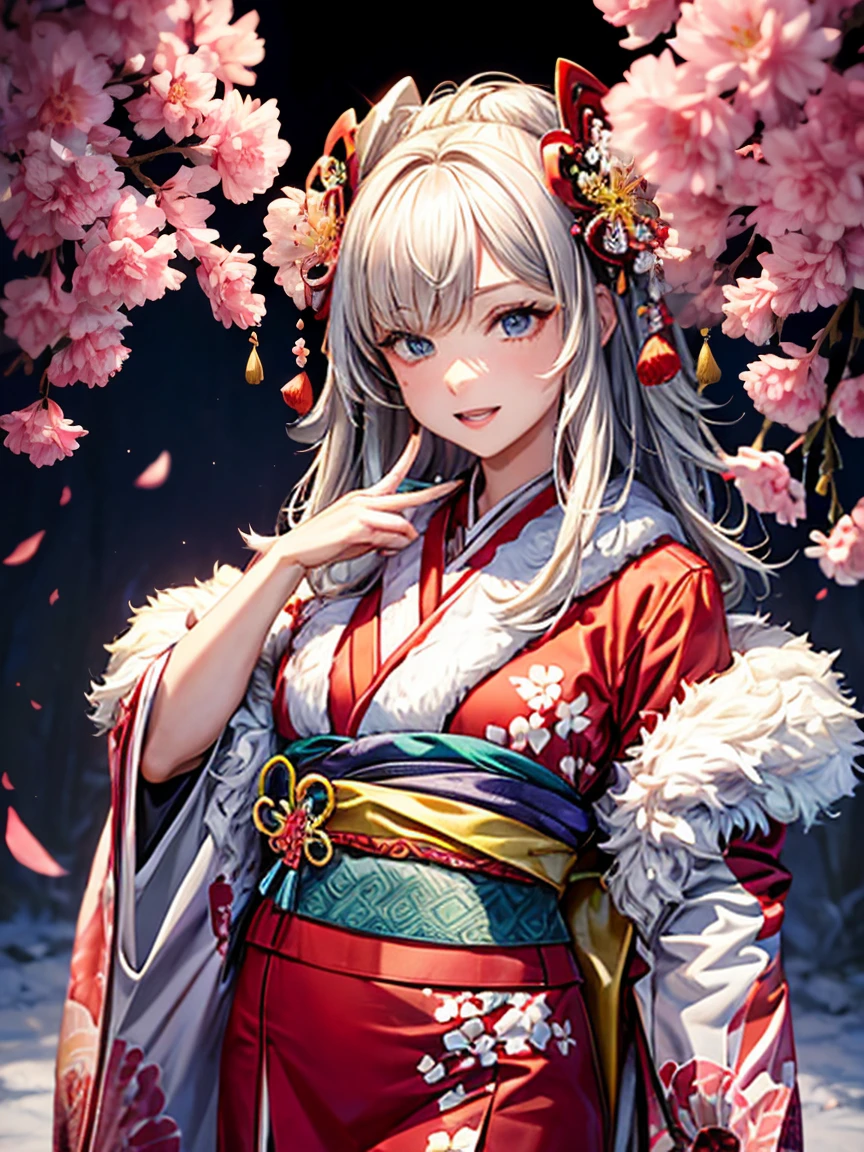 Very detailed CG unity 8k wallpaper., A cute girl, mature gray haired girl, Half update,beautiful girl, hot young woman, white skin(The ultimate masterpiece, beautiful person, well detailed face polluted smilee, A flat chest is hidden by a kimono.、realistic, Too realistic), Colorful winter kimono in red and pink. 、has white fur、 Wear white gloves.,Japanese style hair accessories, (light)、smile,upper body 、Japanese background with pink flowers and chrysanthemums,Soft light,white balance,Cloudy edges