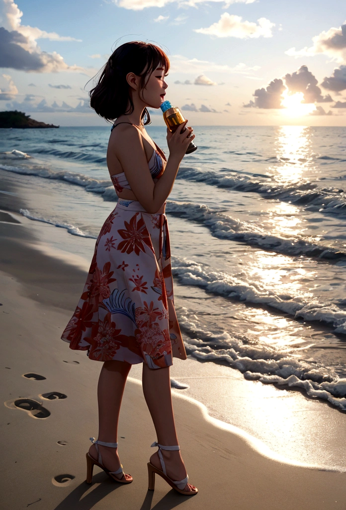 A girl singing while drinking Orion beer on the beach in Okinawa。Dancing with my boyfriend