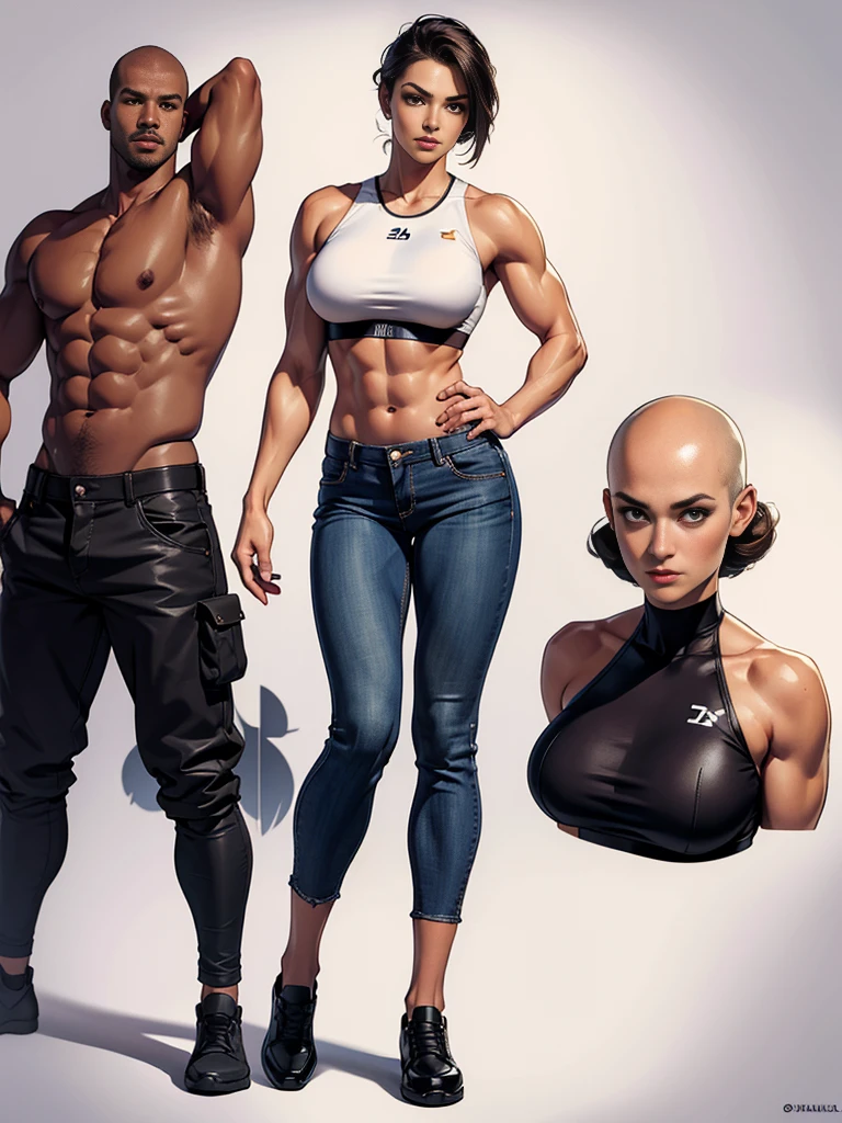 ((best quality)), ((4k)), ((highres)), ((masterpiece:1.2)). ((detailed)), ((ultra realistic)), ((intricate details)), ((full body picture)), ((character design sheet)), ((blank background)), ((standing in a blank background)), a full body shot of a bald and muscular woman, muscular arms, mucular legs, about 5'8 tall, about 25 years old, dressed in a sports bra and black jeans, midriff, six pack abs
