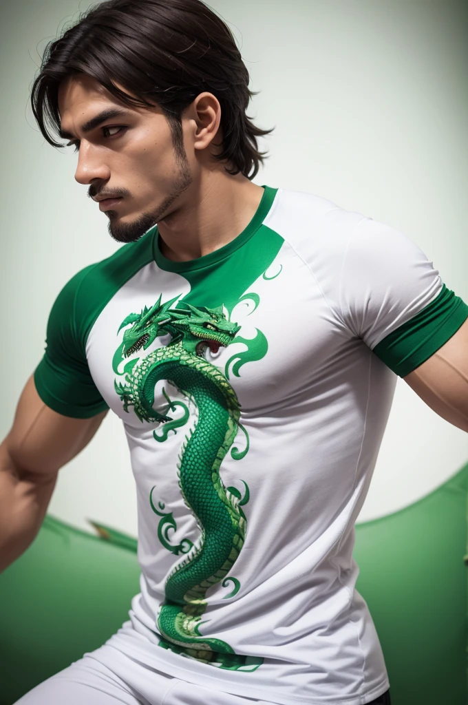 Green and white capoeira shirt, with a dragon in the middle of the shirt