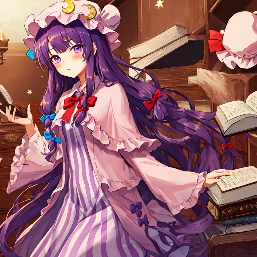 คุณภาพgoodatสุด, Masterpiece, height, alone, {patchouli_kเลขatwledge_Toho:1.15}, long_hair, purple_hair, crescent, purple_eyes, ribbon, hat, bow, smooth, pain_hat, hat_decorations, crescent_hat_decorations, hair_bow, red_bow, light blue_bow, on_body, book, red_ribbon, hatelet, hat_ribbon, streaks, a lot_long_hair, 1 girl, crescent_hair_decorations, hair_decorations, look_at_viewer, double_good, hair_good, เลขat_hat, hair_ribbon, long_sleeve, Blush, set