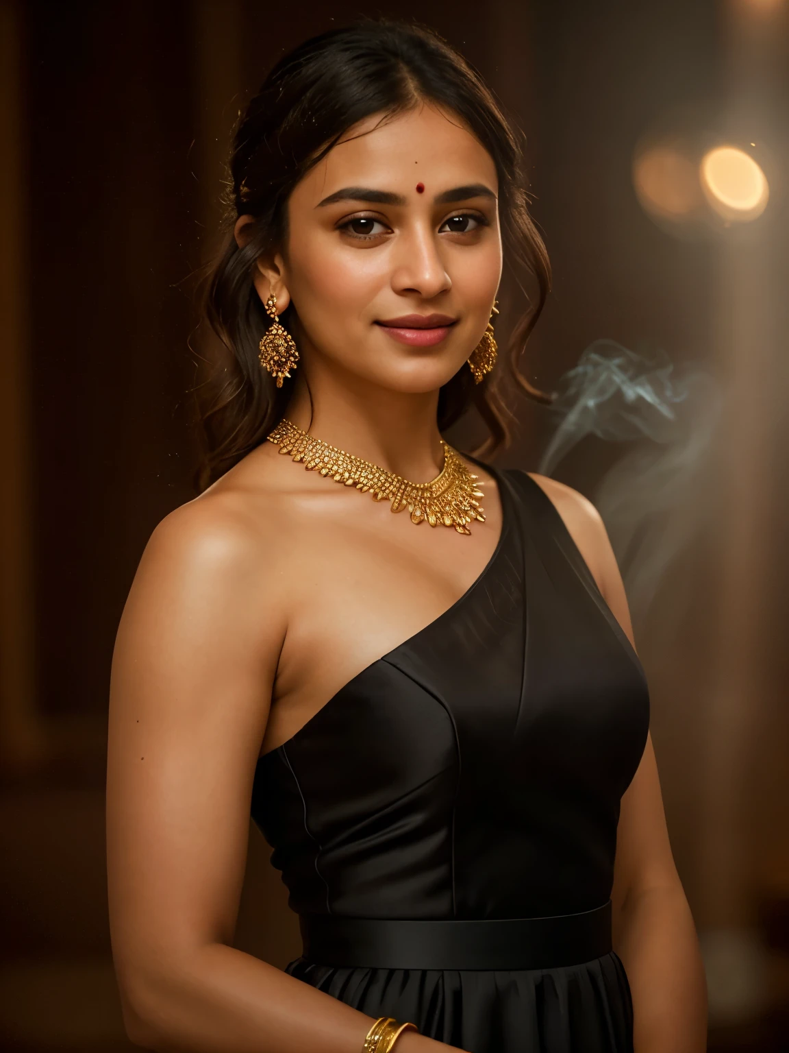 In this photograph, an Indian woman in her mid-30s takes center stage. , styled in a chic and stylish manner, perfectly framing her face. Her highly detailed face exudes confidence and grace, enhanced by a subtle smile. The background showcases a 5-star hotel’s moody private study, evoking a sense of luxury and sophistication. The photograph, captured by Lee Jeffries using a Nikon D850 with a film stock of 4 Kodak Portra 400 and a camera f1.6 lens, displays rich colors, hyper-realistic and lifelike texture, dramatic lighting, and realistic detail.

The woman is wearing a sleek black dress that exudes elegance and sophistication. The dress is tastefully designed, accentuating her stylish look. She completes her ensemble with minimalistic yet striking jewelry, adding to her sophisticated appearance.

The photograph is meticulously captured in 8K resolution using cutting-edge techniques such as Cinema 4D and Octane Render, resulting in a highly detailed and photorealistic image. Studio lighting, HDR, and a smoky mist create a captivating ambiance, while the bokeh effect adds an artistic touch.