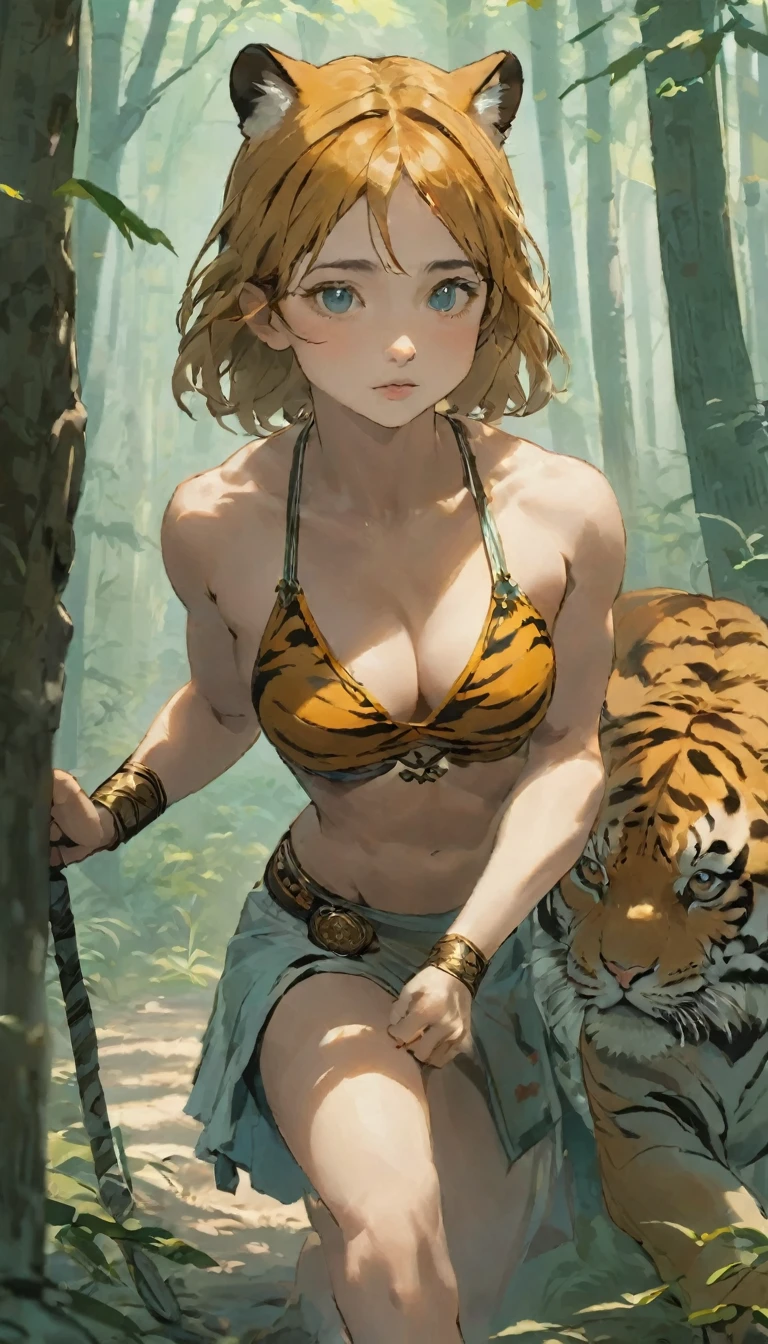 masterpiece,(Aesthetic style:0.7),1 Girl,alone,Roman period, Pankration Champion, Muscular body, Sharp eyes, Bad look in the eyes, Get to know the Tiger、in the forest