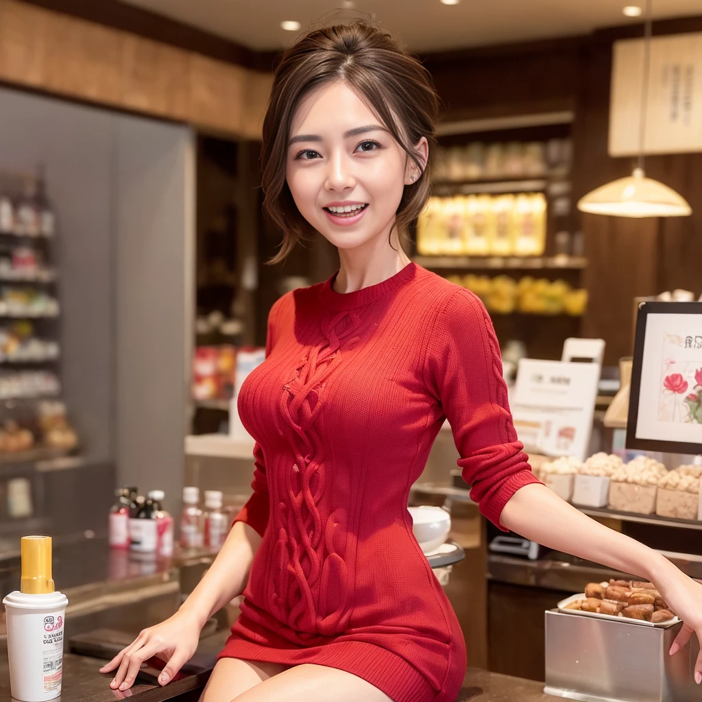 ((highest quality, 8k, masterpiece:1.3)), Lower body, sharp focus:1.2, beautiful hijab woman with perfect figure:1.4, slender abs:1.1, The background is a convenience store counter, ((shortcut, big breasts:1.2)), (wearing a fluffy red sweater dress, big breasts, slim and toned waist, Soft big buttocks, laughing:1.2), Highly detailed face and skin texture, detailed eyes, double eyelid, 25 year old woman, mature woman, laughing