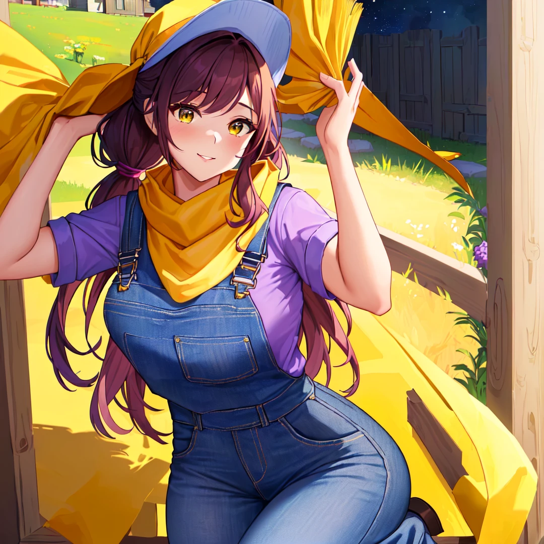 mavis ( a picture of a woman in a hat and overalls, abigail from stardew valley, high res, madeline from celeste, thic, safe for work, oc commission, sfw version, blue, full body:: sunny weather:: long brown hair Red shirt ) shellyBS ( woman, purple hair, ponytail, yellow hairclip, dark skin, bandaid on face, yellow scarf, purple shirt, short sleeves, blue pants ) merging
