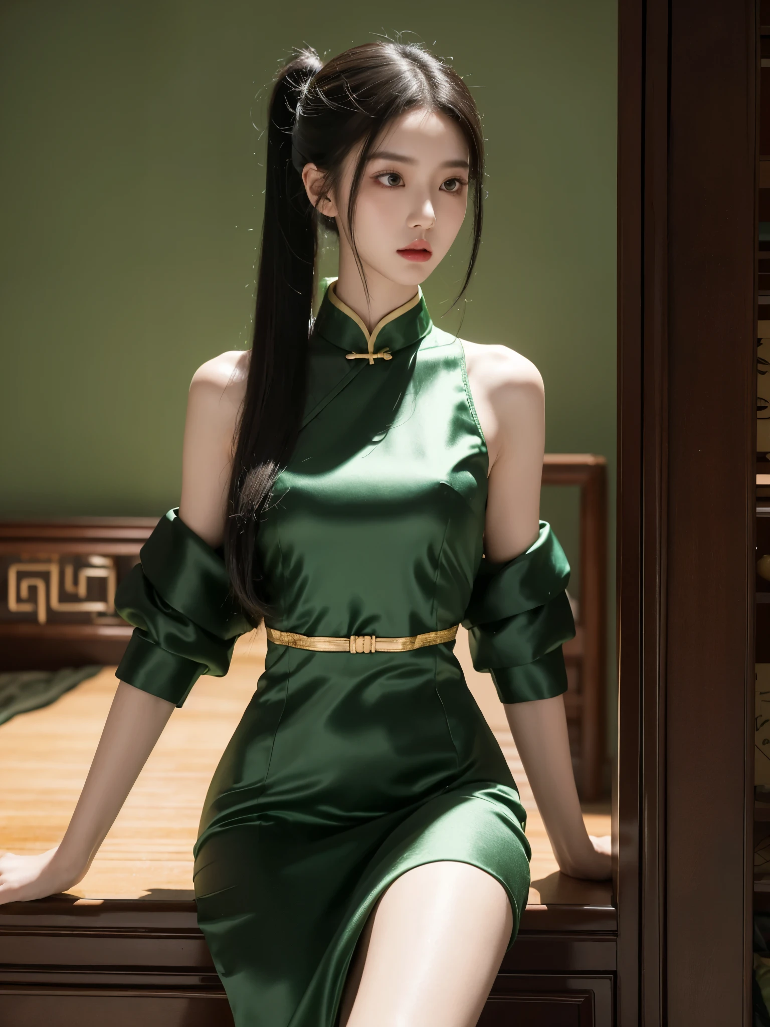 korean model , slim body , 167cm ，Movie Angle，long black ponytails hairstyle, （Cute girl，anatomy correct，masterpiece green silk chinese qipao，（ art，geomerty），（plethora of colorest quality，high detal，tmasterpiece，Cinematic lighting effects，4K，Chiaroscuro , Chinese Mansion)