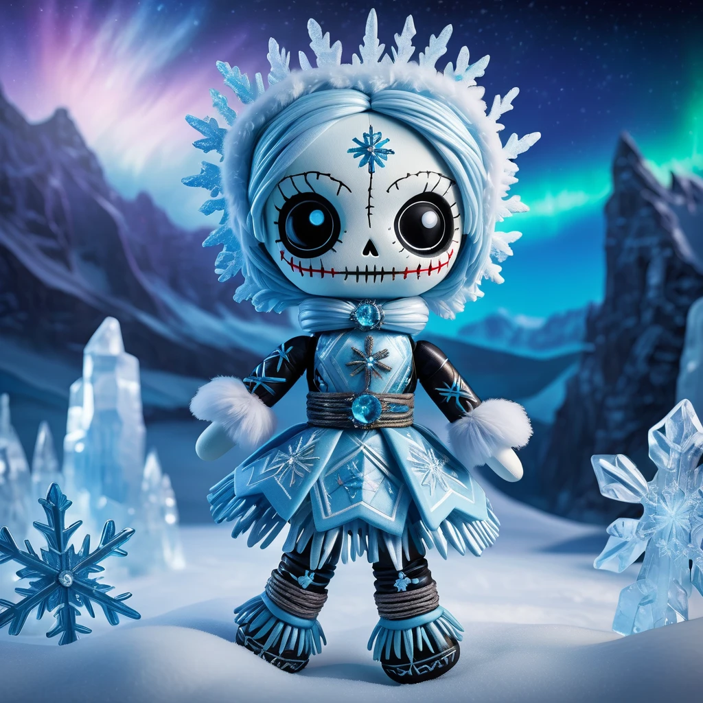 (knitted toy voodoo doll:1.7), (Voodoo Cryokinetic:1.3), (Clothing: icy-blue bodysuit with frost patterns, snowflake-decorated cloak:1.0), (Accessories: ice gauntlets, snowflake amulet, crystalline mask:1.2), (background: frozen tundra with ice sculptures and drifting snow, northern lights illuminating the sky:1.2), best quality, masterpiece, detailed soft oil painting, detailed background, dramatic cinematic lighting, soft edge lighting, professional, dramatic lighting, hard edge lighting, ultra quality, 4k,masterpiece, best quality, 8k, ultra highres, highres, extremely detailed