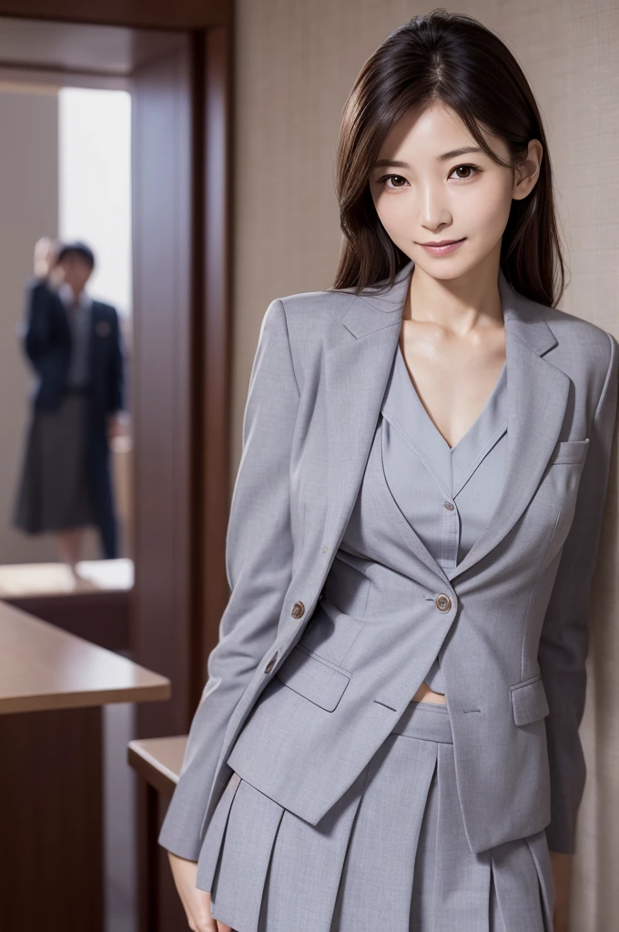 Small breasts, thin, Japan 40 years old, woman, Beautiful Face, thin, (Skirt Suit:1.3), Hotel, Highest quality, Ultra-high resolution, (realism: 1.4), Depth of written border, Beautiful Face, (Facing the children_v1: 0.8), Half Body,(Really good:1.5), An innocent smile, Natural Makeup, Model pose,