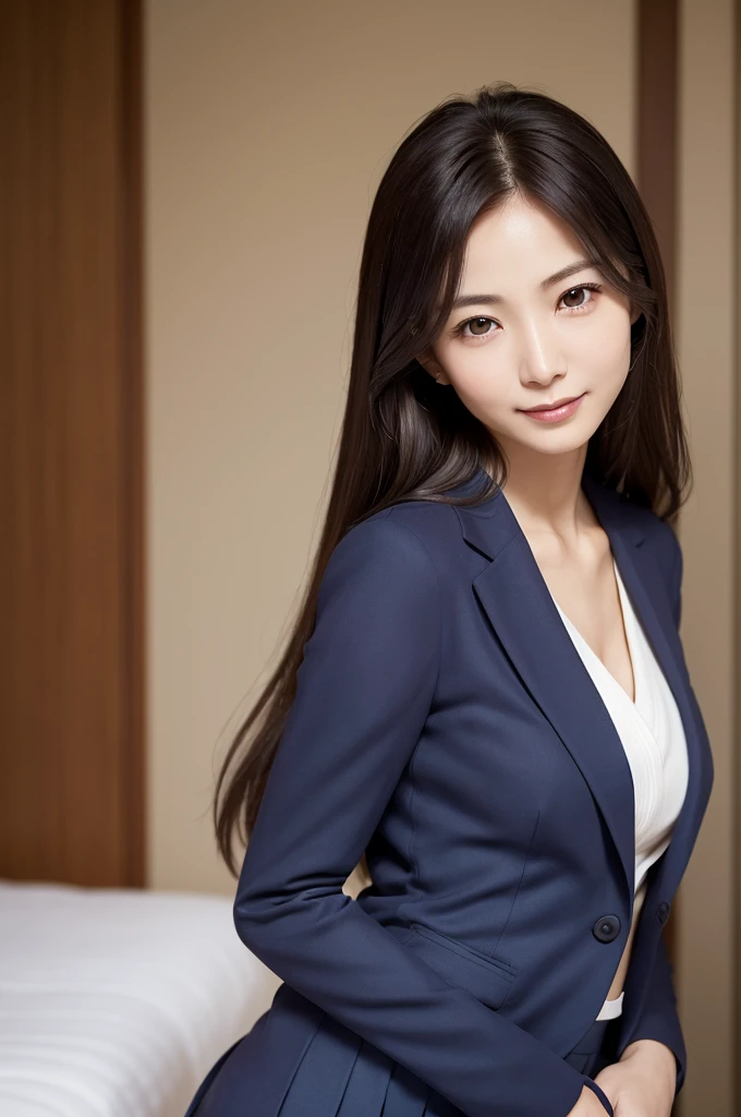 Small breasts, thin, Japan 40 years old, woman, Beautiful Face, thin, (Skirt Suit:1.3), Hotel, Highest quality, Ultra-high resolution, (realism: 1.4), Depth of written border, Beautiful Face, (Facing the children_v1: 0.8), Half Body,(Really good:1.5), An innocent smile, Natural Makeup, Model pose,