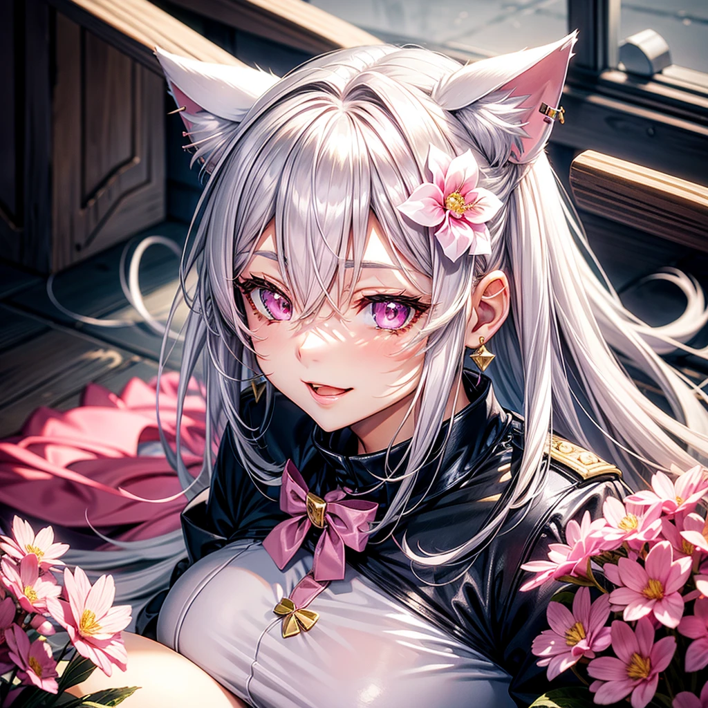 Silver hair, pink eyes, body, cat ears, sexy girl, earrings, flower sky background, pink gold uniform, hair bows, lay down, happy face