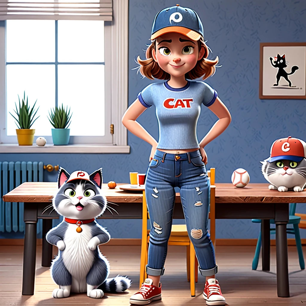 A plot from a cartoon in 3D pixar style, a fluffy cat is sitting on the table, a cheerful girl in wide jeans and a baseball cap is standing next to her, the girl looks slyly at the cat, the girl has one eye closed, winking gesture