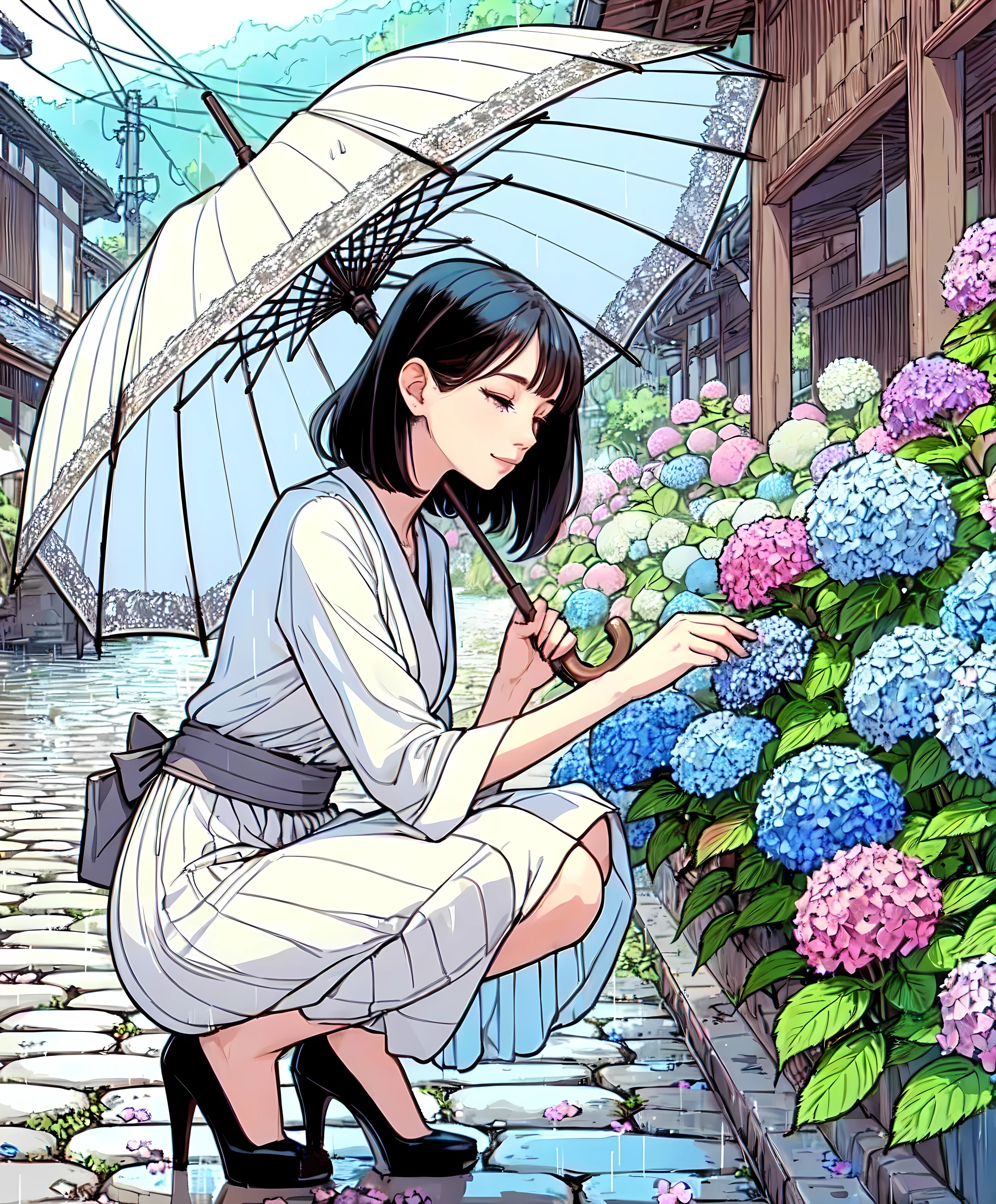1lady solo, from side, squatting, (gently touching hydrangea), stylish outfit (calm attire), (mature female:0.8), /(black hair/) bangs, kind smile, (half-closed eyes), (masterpiece best quality:1.2) delicate illustration ultra-detailed, medium breasts BREAK (holding umbrella) BREAK (quiet residential area) outdoors, street, (rainy:1.1), ((hydrangea) blooming along roadside), cobblestone, detailed background
