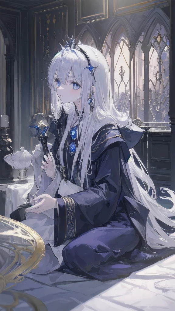 ((((Visionary maestro, Un parfum de mystere, ultra haute résolution, and haute cinétique))mansisen, 1boy, deep in thought, sitting, (don't care, silverinitial_hair:1.0), ((no_headgear:0.9)), long hair with horn sections, pale ivorycomplexion, ((astute:0.8), ((piercing_blue_eyes:1.0)), glowing white pupils, beautiful and detailed face, detailed eyes:0.9, centered, medium shot, quarter turn to the left, not facing viewer, indoor with cobwebscenery, (
emezclar:0.8), lean build, dressed in subtle robes, impressive telescope and paraphernalia in hand, (+ hands_in_lap, - hands_on_table), side view, soft focus and slightly blurry aura, (
dark_knightMedieval environment:0.9), must be around late twenties, (
deeply_contemplative))
