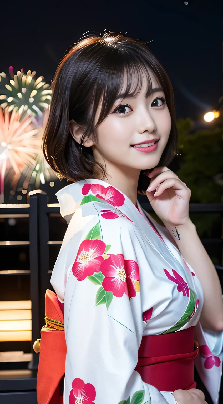 (8K、RAW Photosgraphy、Highest quality、masterpiece:1.2)、(Realistic、Photorealistic:1.37)、Ultra-high resolution、One Girl、cute、solo、night、Sitting、date、(Nose redness)、(Laughter:1.1)、(Closed)、huge 、Beautiful Eyes、(short hair:1.2)、(((Fireworks bursting into the sky、night)))、(((kimono、yukata)))、Cleavage、Perfect body、Perfect Fingers、Professional Lighting、Japanese Goddess、gravure、Detailed face and skin texture、Detailed eyes、RAW Photos