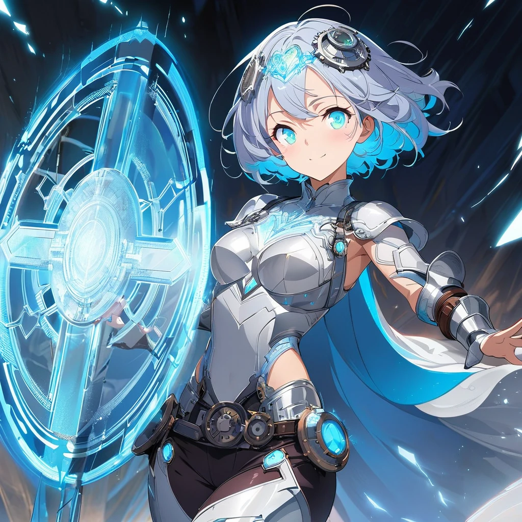 Create an image of a gentle girl with short, silvery-blue hair styled in a slightly tousled yet elegant manner, (nude:0.8), wearing a sleek, form-fitting bodysuit with glowing circuit-like patterns, high-waisted tailored pants, and mid-calf armored boots. She has armored gauntlets with steampunk gears and LED lights, fingerless gloves with embedded crystals, and a delicate metallic headband with luminescent gems. She also has a lightweight, semi-transparent cape with glowing threads and a utility belt with small pouches. The girl has a kind expression with soft, warm eyes and a gentle smile. She is generating a large, translucent energy shield with intricate glowing patterns that shimmers with blue light, protecting herself and an area around her. She stands in a dynamic yet gentle pose, one hand outstretched towards the viewer as if directing the shield, the other hand resting gently by her side, with one leg slightly bent. The background is dark and dramatic, with hints of blue light and energy waves illuminating the scene, detailed gorgeous face| anime style| key visual| intricate detail| highly detailed| breathtaking| vibrant| panoramic| cinematic| Carne Griffiths| Conrad Roset| gibbli 8