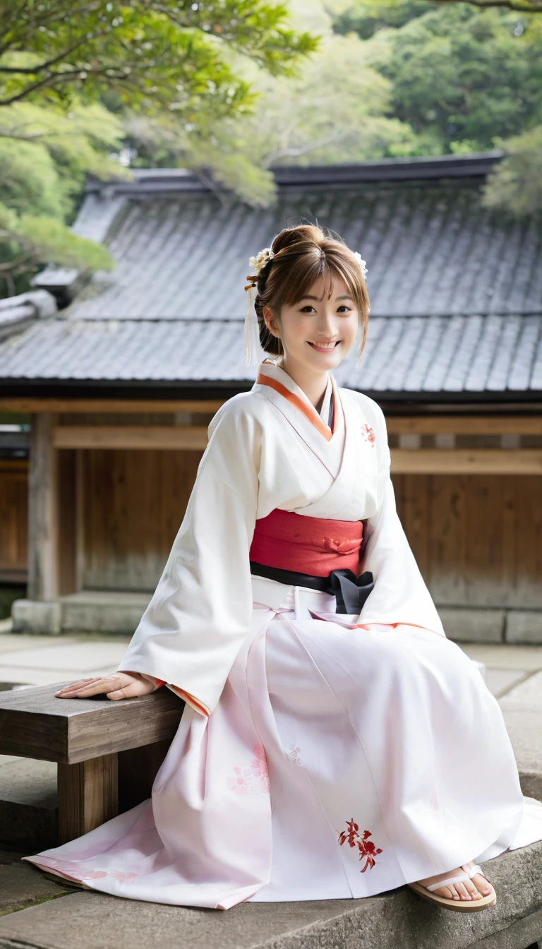 masterpiece, best quality, high resolution, 1 Girl, Honoka, Shrine maiden, Hakama skirt, sit, shrine, Smile