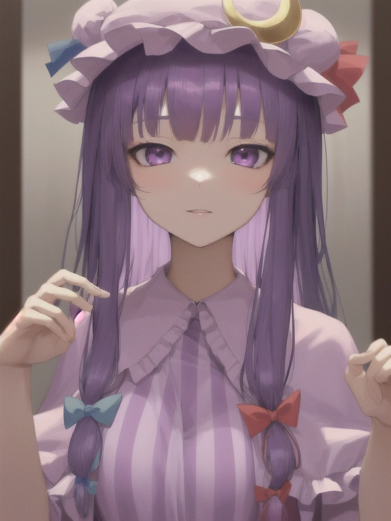 ((Masterpiece:1.2, คุณpictureดีที่สุด, high_resolution, different_picture)),  patchouli_knowledge,  milf, 1girl, 独奏, close up, patchouli knowledge from Touhou, long hair, purple hair, purple eyes, portrait, 