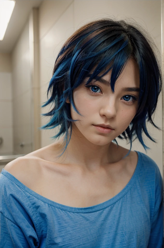 Anime boy, the color of Eyes is Amber, Hair the color is blue