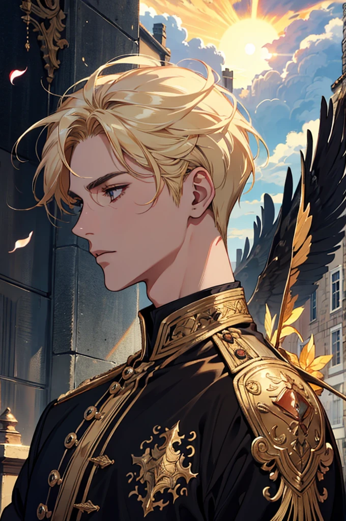 absurdres, highres, ultra detailed), 1 male, adult, handsome, tall muscular guy, broad shoulders, finely detailed eyes and detailed face, fantasy, dark theme, cinematic lighting, colorful, portrait, flying petal, Flowery meadow, cloudy sky, building, sun, light, close up,side profile, blonde hair, golden hair, golden flames, white and red uniform, short hair, standing in front of sun