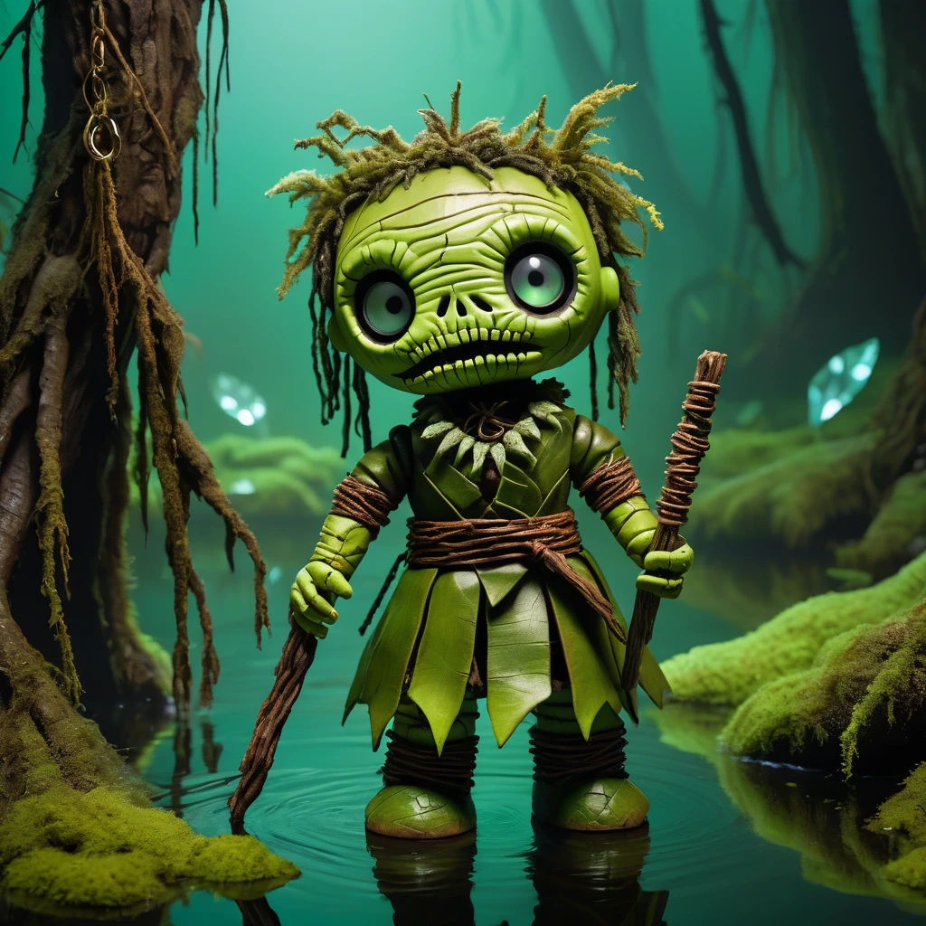 (knitted toy voodoo doll:1.7), (Voodoo Swamp Guardian:1.3), (Clothing: moss-covered robes, vine-wrapped boots:1.0), (Accessories: staff with a glowing swamp crystal, gator-tooth necklace, mask made of bark:1.2), (background: murky swamp with glowing fungi and ancient trees, eerie mist rising from the water:1.2), best quality, masterpiece, detailed soft oil painting, detailed background, dramatic cinematic lighting, soft edge lighting, professional, dramatic lighting, hard edge lighting, ultra quality, 4k,masterpiece, best quality, 8k, ultra highres, highres, extremely detailed