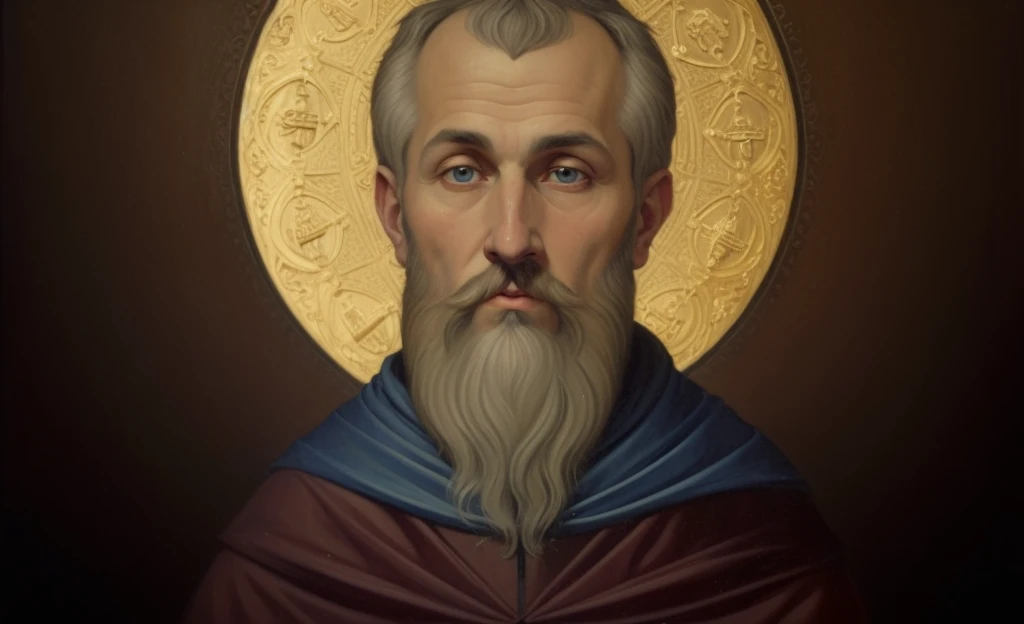a close up of a painting of a man with a beard, orthodox saint, ukrainian monk, inspired by Nicomachus of Thebes, christian saint, theophanes, portrait of saint of the pit, portrait of merlin, portrait of monk, Retrato de Homelander, alexey egorov, inspired by Aleksandr Gerasimov