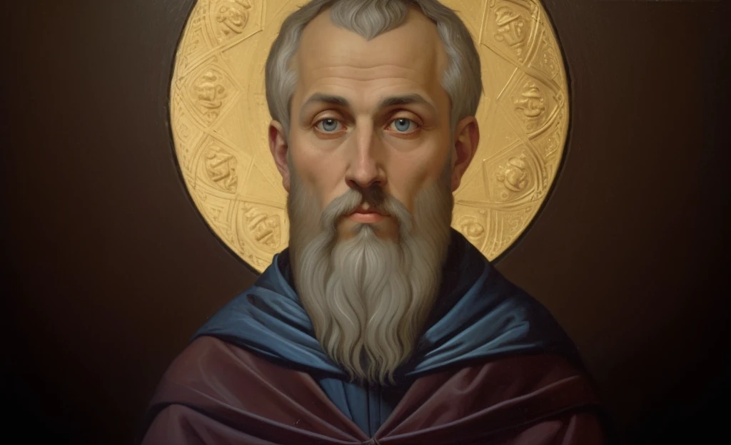 a close up of a painting of a man with a beard, orthodox saint, ukrainian monk, inspired by Nicomachus of Thebes, christian saint, theophanes, portrait of saint of the pit, portrait of merlin, portrait of monk, Retrato de Homelander, alexey egorov, inspired by Aleksandr Gerasimov