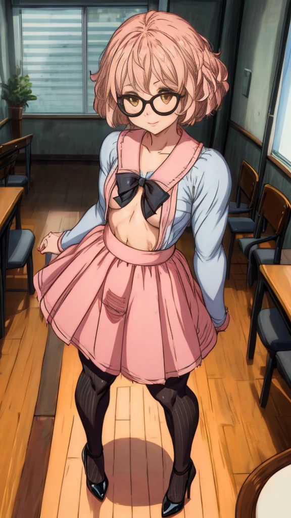 1 girl, {{{Mirai Kuriyama, short hair, light pink hair, (light pink hair), bob cut, yellowish brown eyes, glasses, nervous and small eyes, (nervous and shy look), (shy and nervous smile), Stripe, (pink top), (light blue skirt), pantimedias, (black hose), small breasall breasts)}}},ful girl, {{{standing or standing full body image}}}, {{{Wear black high heels}}}, poses her beautiful black heels standing {{{is stopped}}}, {{{muscular abs}}}, {{{muscular belly}}}, in a school classroom, (in a school classroom), (((Best Quality))), (((8k quality))), (((ultra best definition))), ((better face definition))), (((Perfect face))), (Perfect face:1.1), (sharp focus:1.1), trend on Artstation, intricate, high detail, sharp focus, (((arms, hands, legs, cakes, Perfect face))), (((perfect body))), (((correct features))),(((best anatomy))), (((noise removal))), (((perfect and clear face))), (((ultra perfect eyes))), (detailed focus of eyes))), (((Eye correction))), (((Masterpiece))).