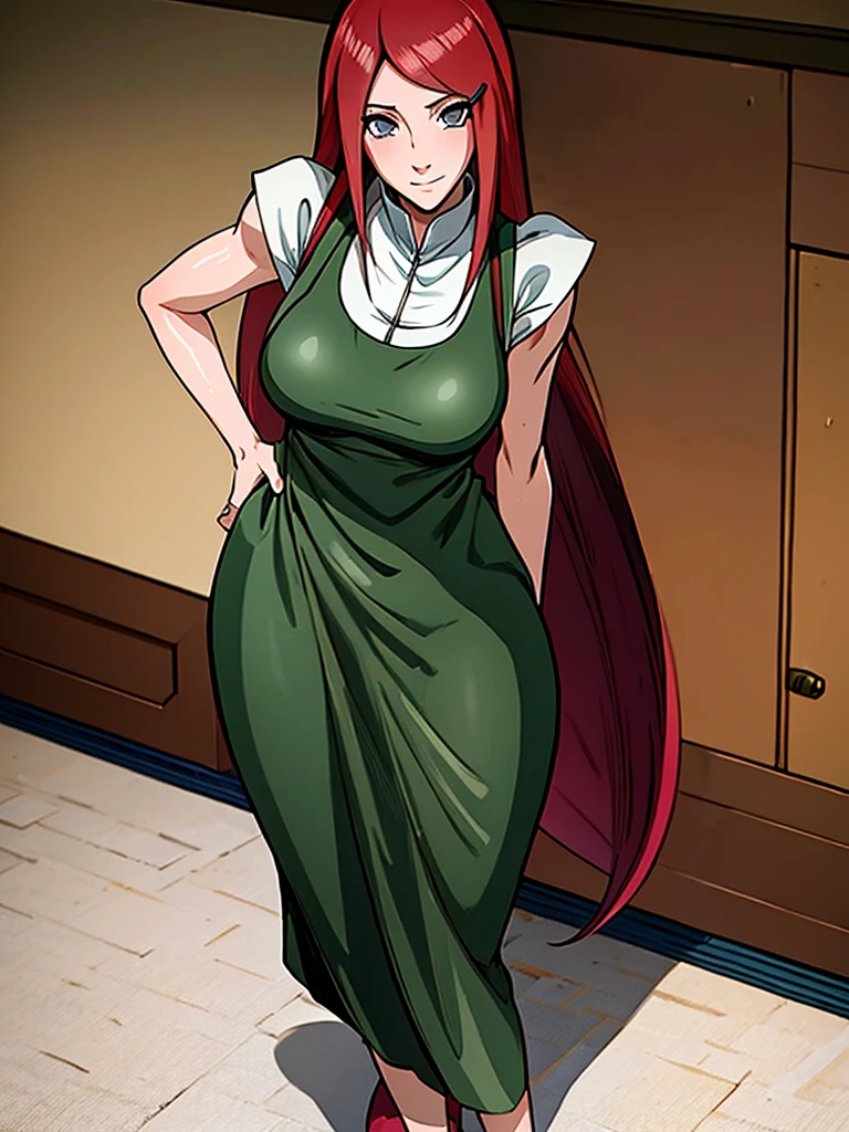 uzumaki_kushina, large_breasts, standing, solo, kushina_green_dress, masterpiece, best quality, detailed face, detailed eyes, highres, smile, (masterpiece:1.4, best quality:1.2), (Highres), (Detailed Illustration), Ultra-Detailed, konohagakure, uzumaki_kushina, kushina_green_dress, standing straight, looking in front,