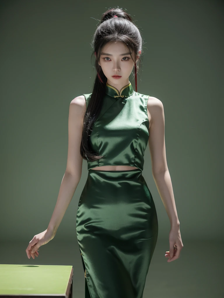 korean model , slim body , medium breasts, 167cm ,Movie Angle,long black ponytails hairstyle, (Cute girl,anatomy correct,masterpiece light green silk chinese qipao,( art,geomerty),(plethora of colorest quality,high detail,tmasterpiece,Cinematic lighting effects,4K,Chiaroscuro , Chinese Mansion)